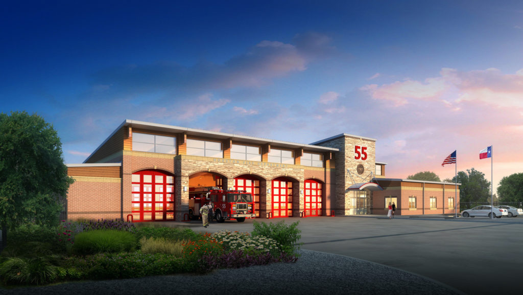 City of Houston Fire Station 55 Exterior, Dusk, Eye-level